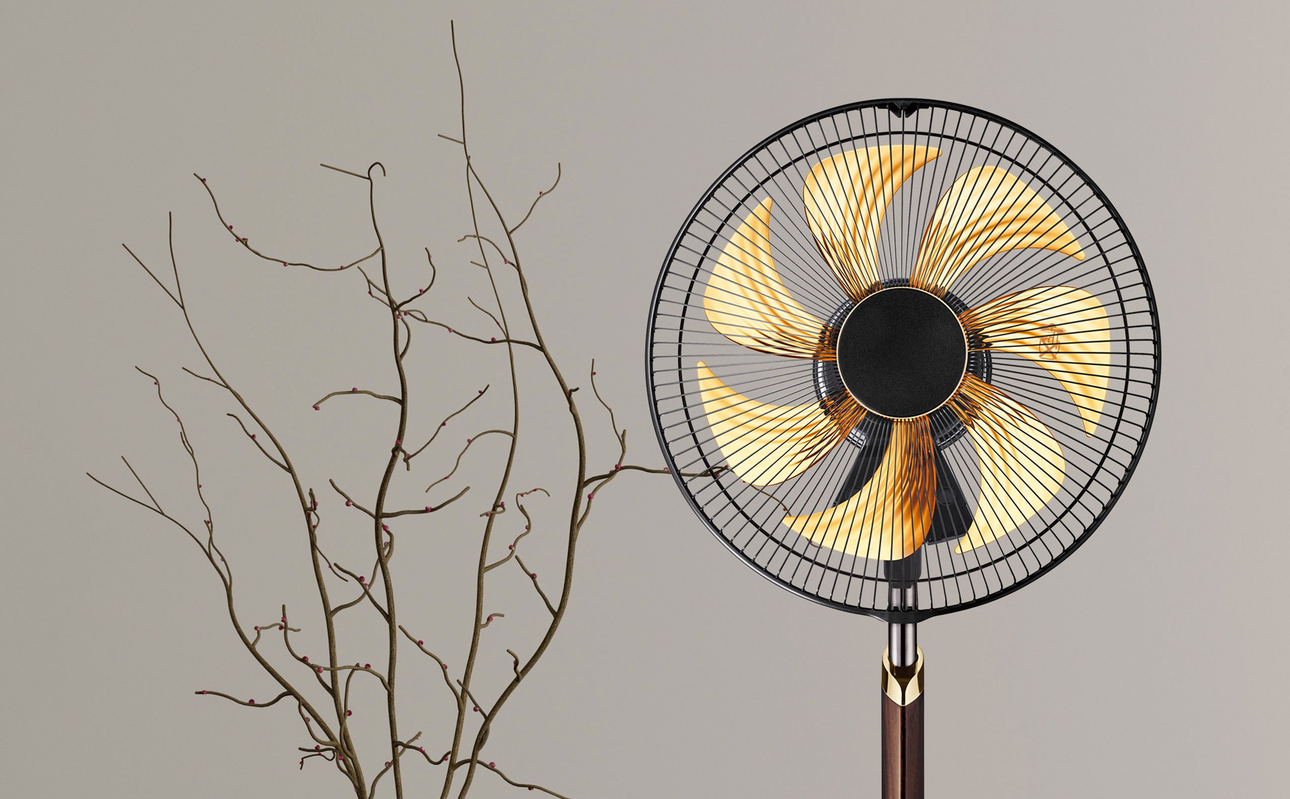 Branches on the left and a fan on the right.