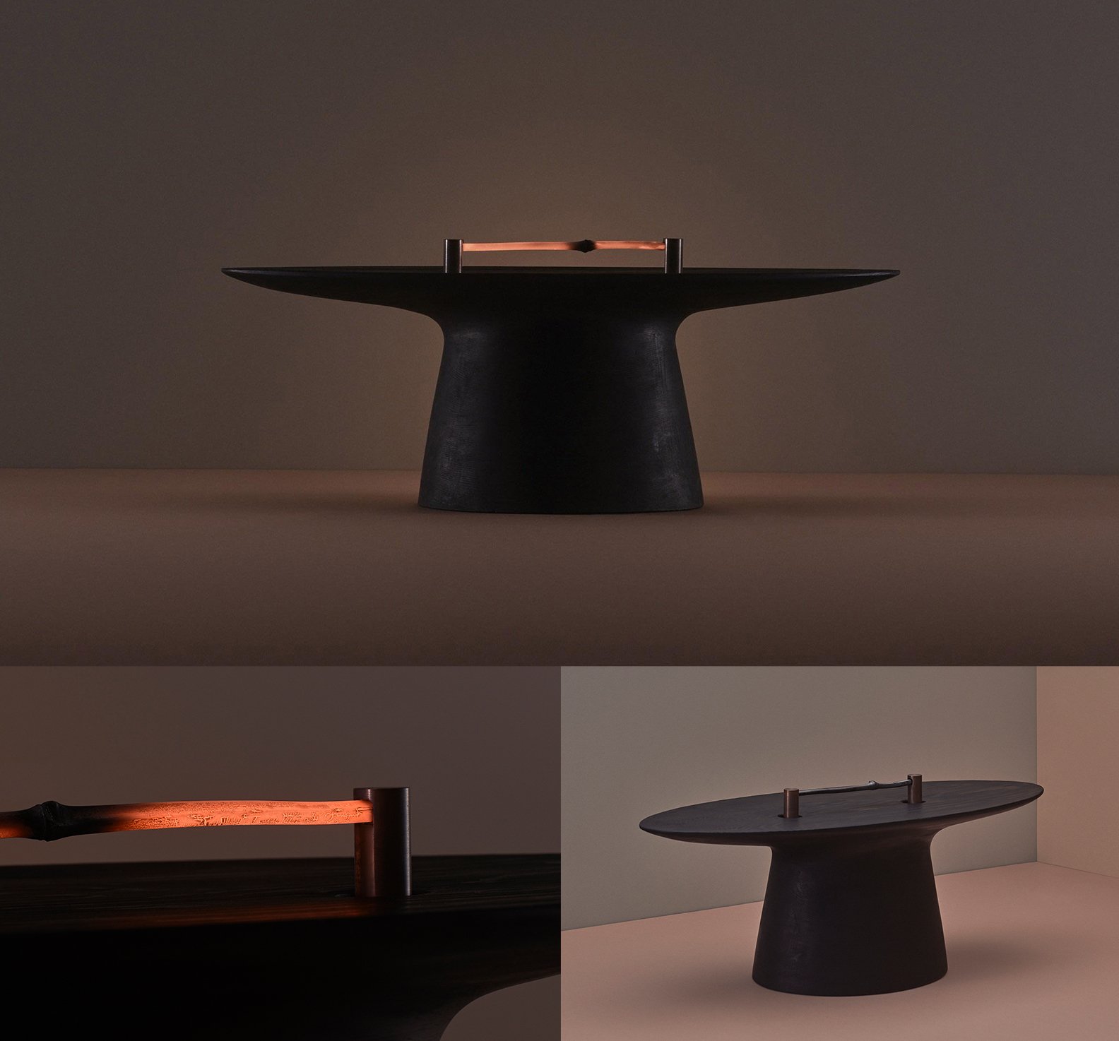 Modern lighting fixture with a slender red glowing rod mounted on a black pedestal, shown from three different angles