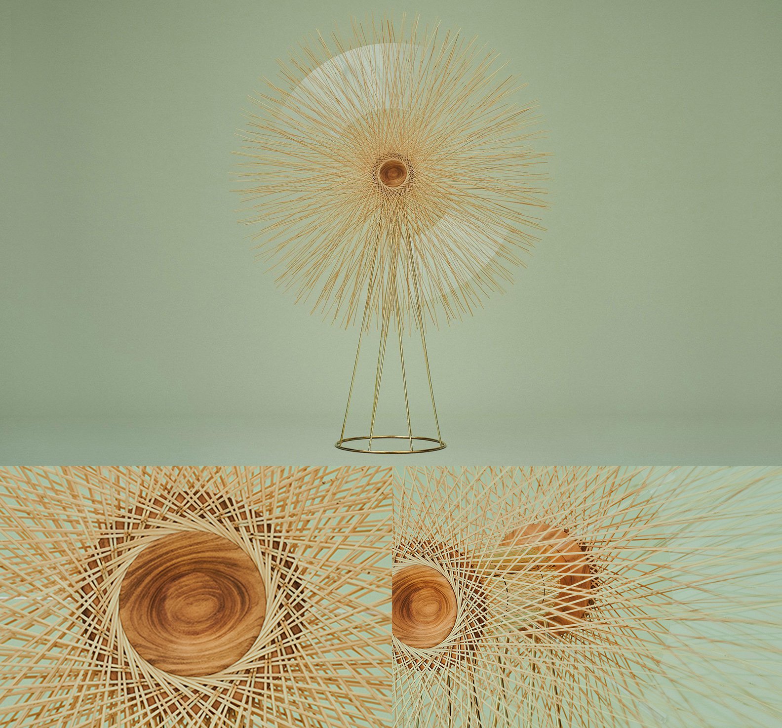 Model of a fan with thin wooden rods radiating outward, circular wooden center piece, supported by a thin metal tripod base