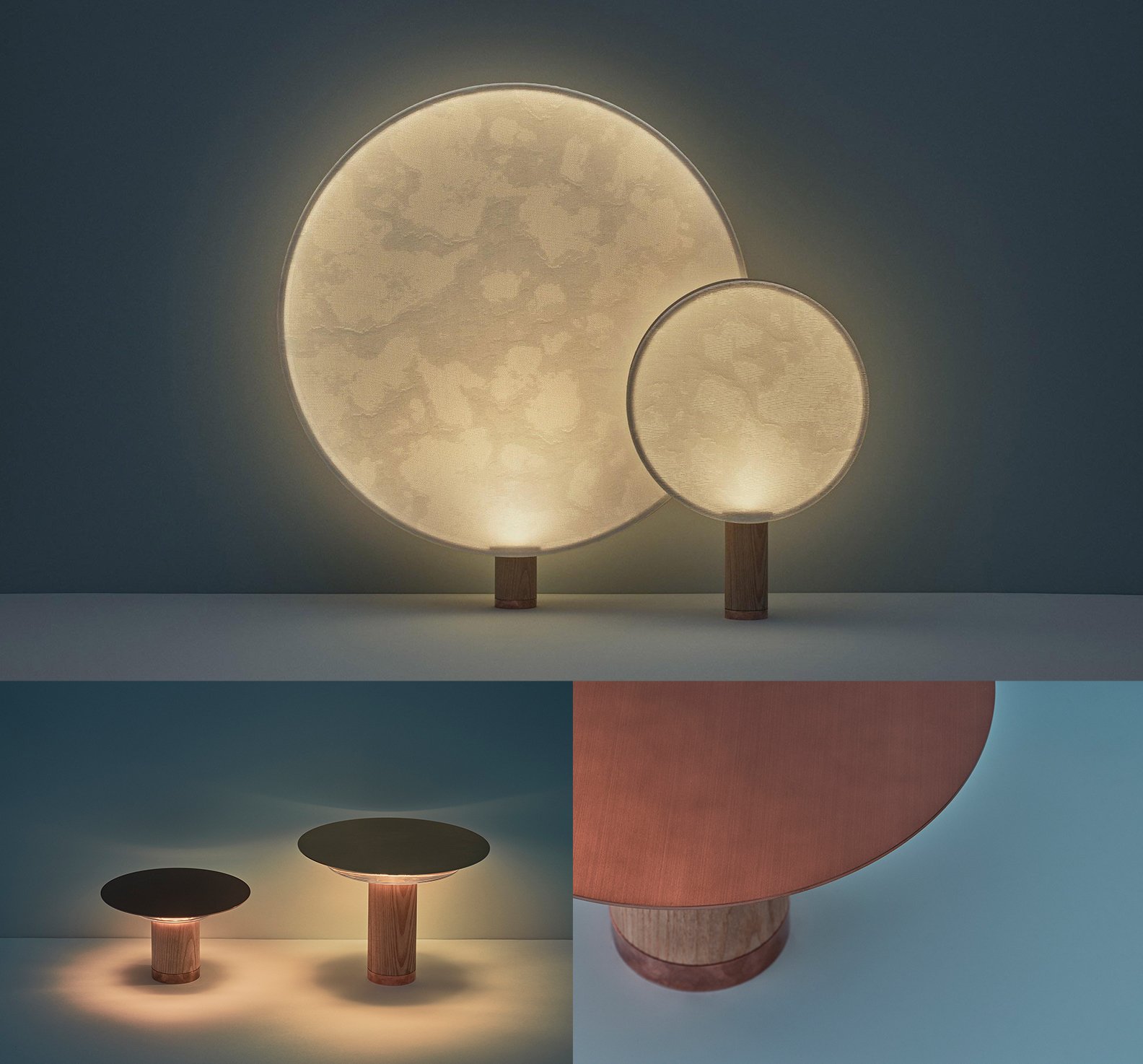 Two circular lamps with wooden bases, translucent tops diffusing soft light, differing in size