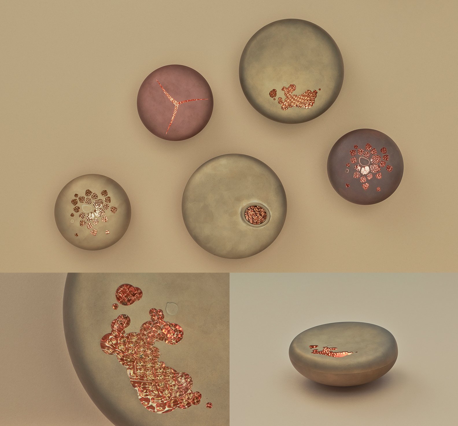 ive round metallic objects with red intricate patterns and holes on surfaces, close-up and angled views at bottom