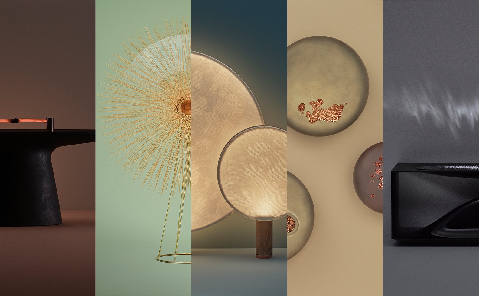 From left to right, black furniture, gold radial design, circular lighting, round ceramics and glassware, black speaker arranged in a simple interior layout