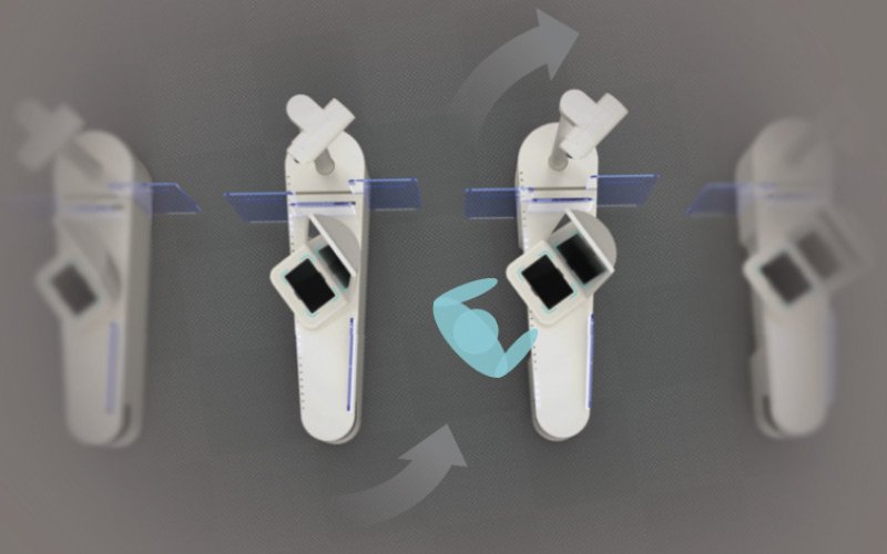 Top-down view of airport check-in authentication gates, multiple gates with flow indicated by arrows, gray background