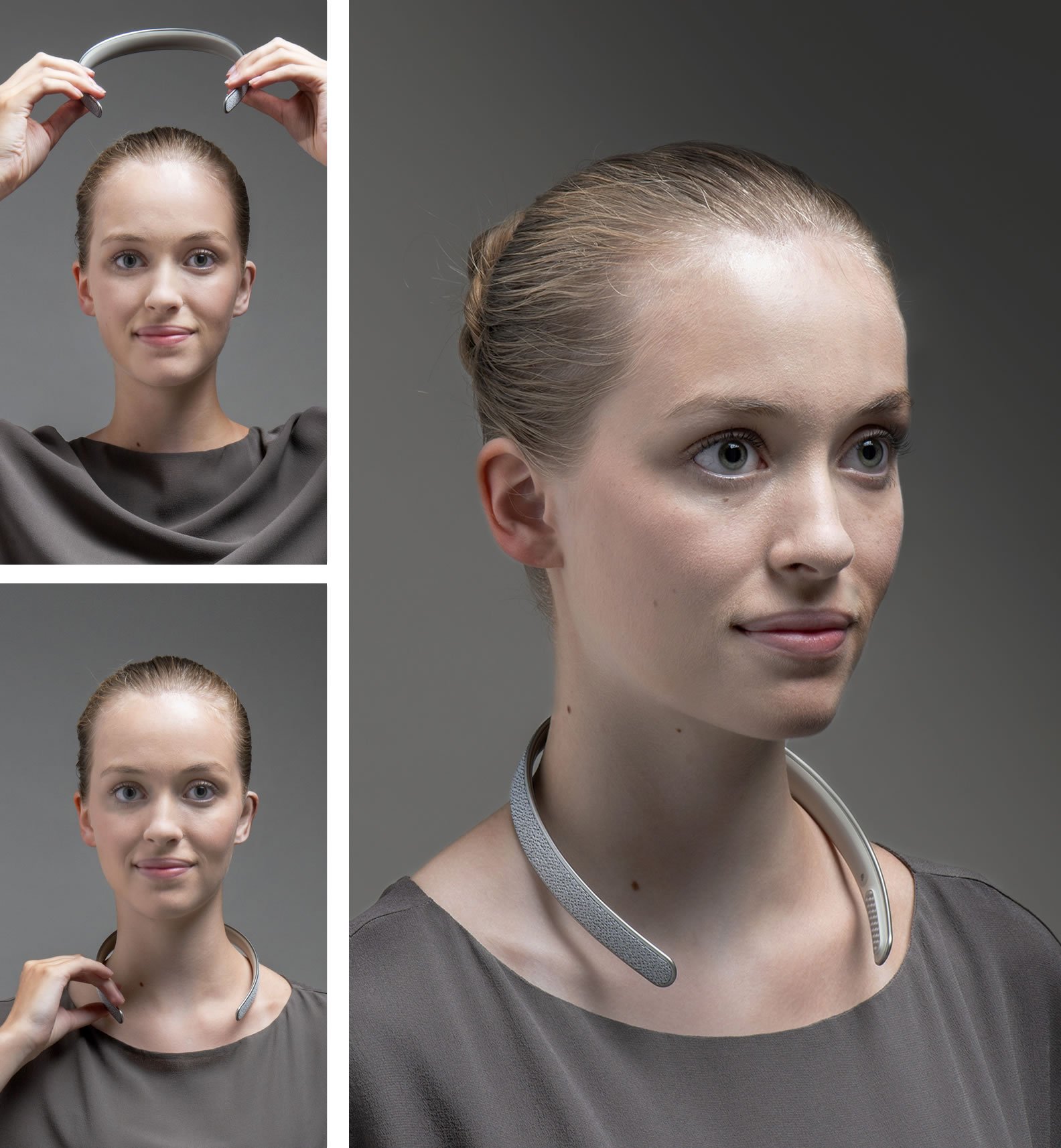 A person in a gray shirt wearing a neckband device. The design is simple and stylish.