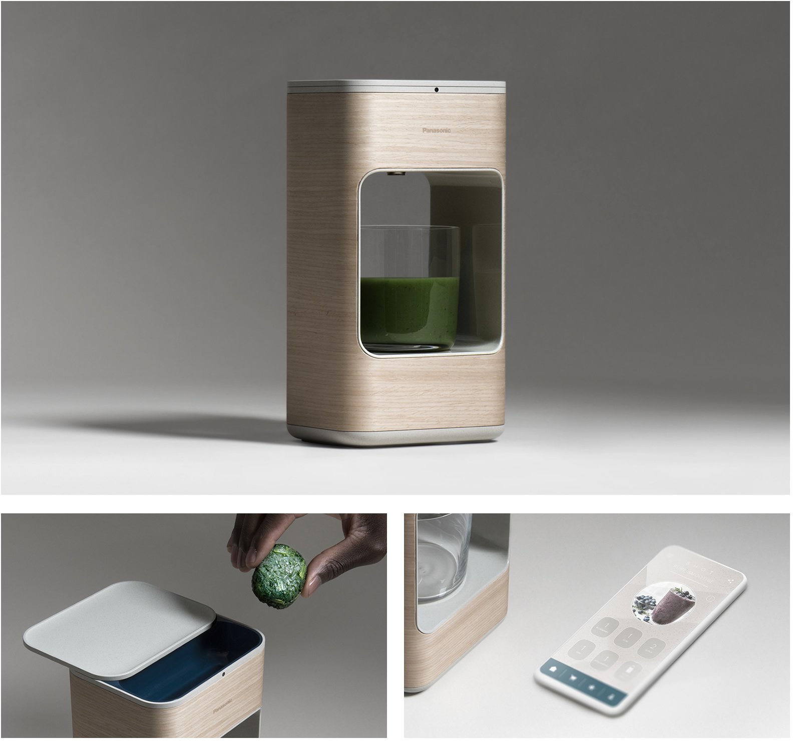 Round wooden grain device with front window and drink holder, stainless trim on top, connected to smartphone