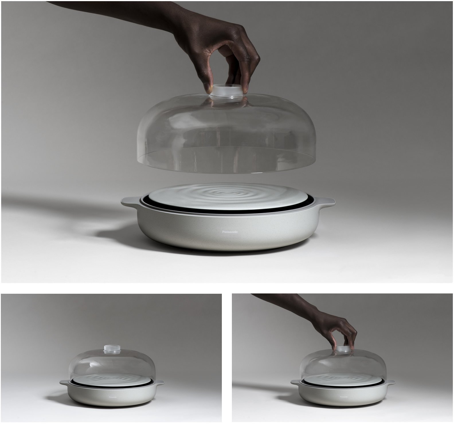 White round cooking device with glass lid being placed by hand, simple white background and sleek design
