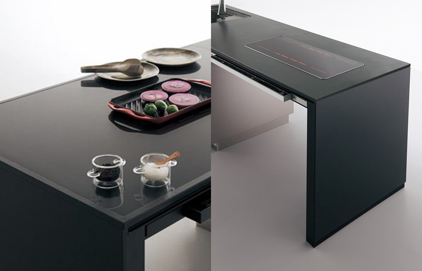Black kitchen counter with cooking utensils, vegetables, and spice containers on top. Simple design workstation with built-in induction cooktop on the right side.