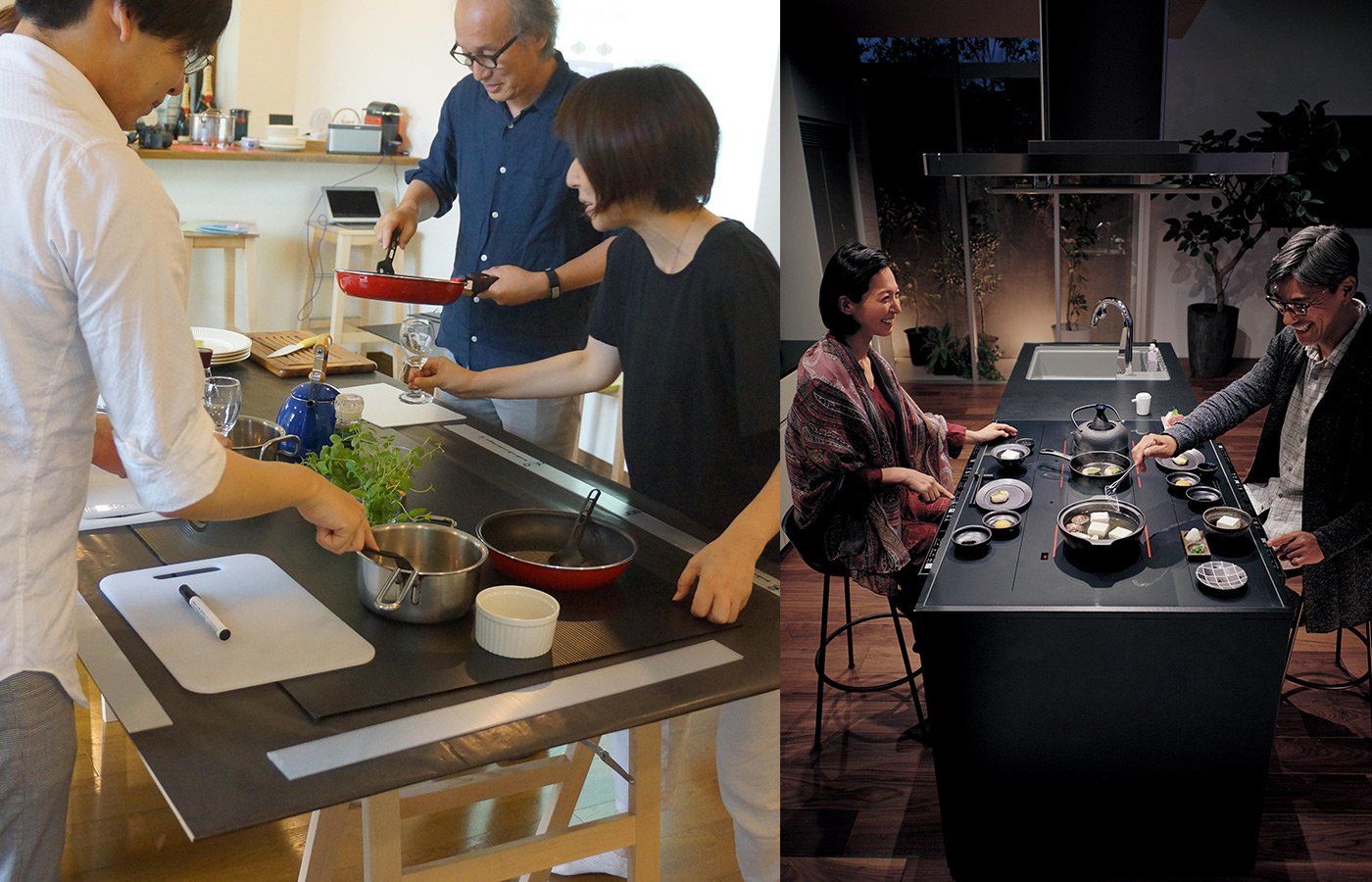 On the left, three people cooking around a kitchen counter with stainless pot, red frying pan, and cutting board. On the right, two people seated at a black cooking table with hot pots, surrounded by lighting and indoor plants.