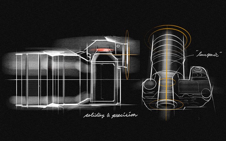 White line drawings of camera top and front views with red and orange highlights, schematic illustration on black background