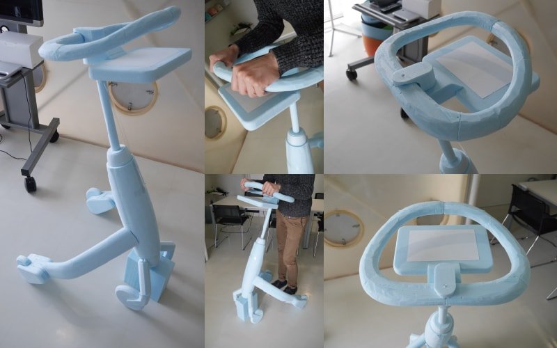 Six photos of light blue walking training robot mock-up. Different angles showing handrail section and base. Some photos include hands and feet demonstrating usage scenarios