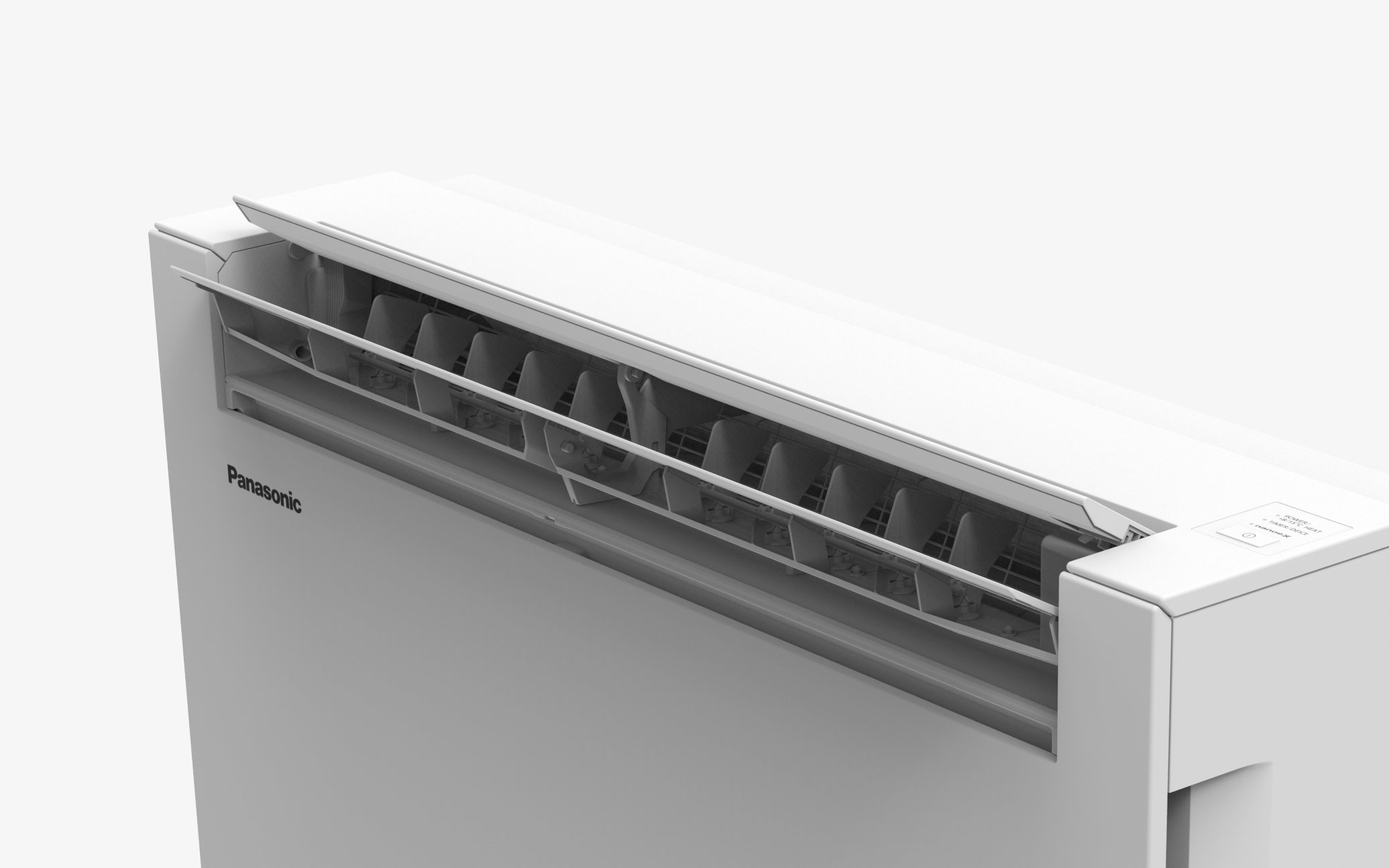  Front view of a white floor-standing air conditioner with visible vents and internal fan