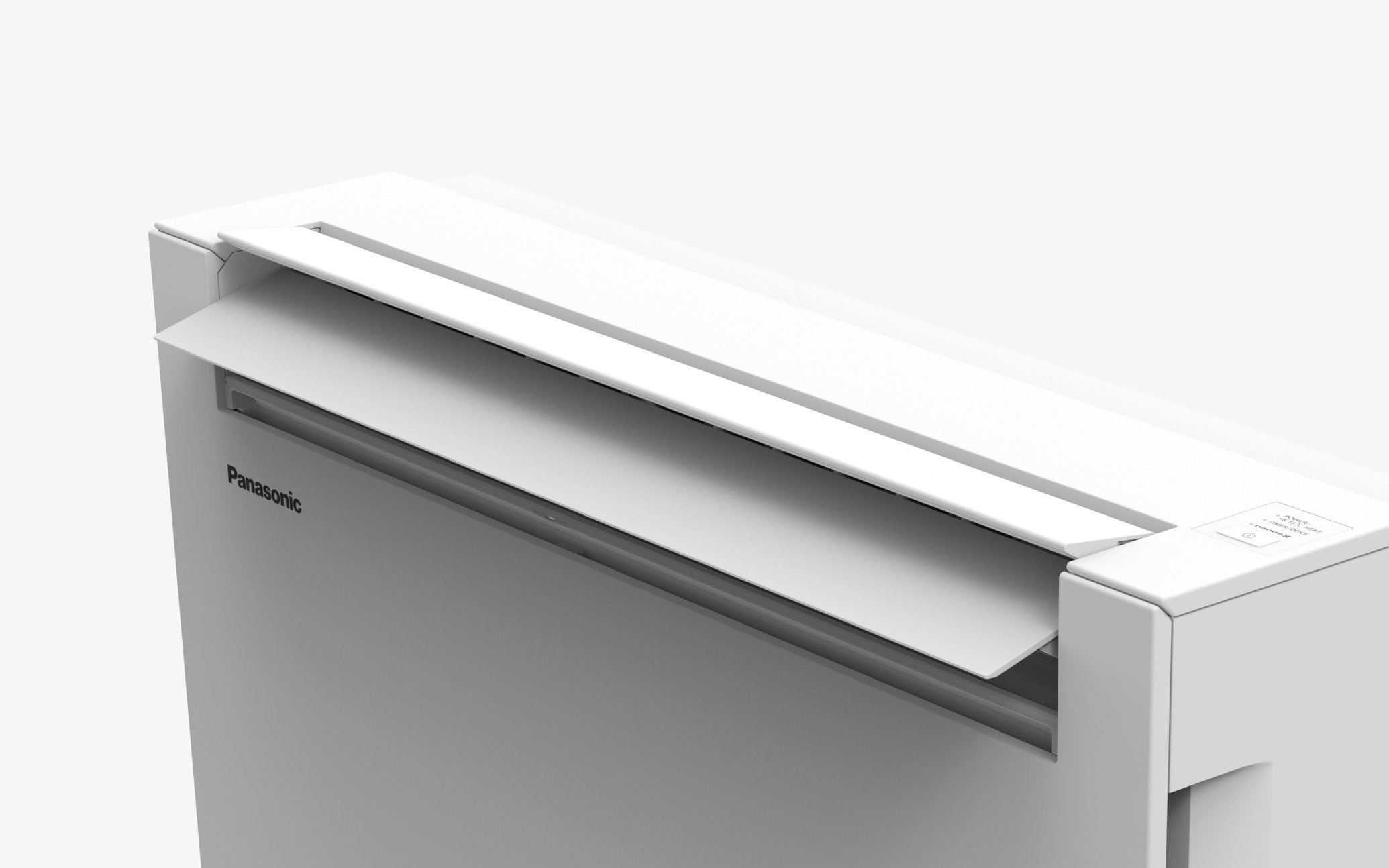 Front view of a white floor-standing air conditioner with vents and control panel