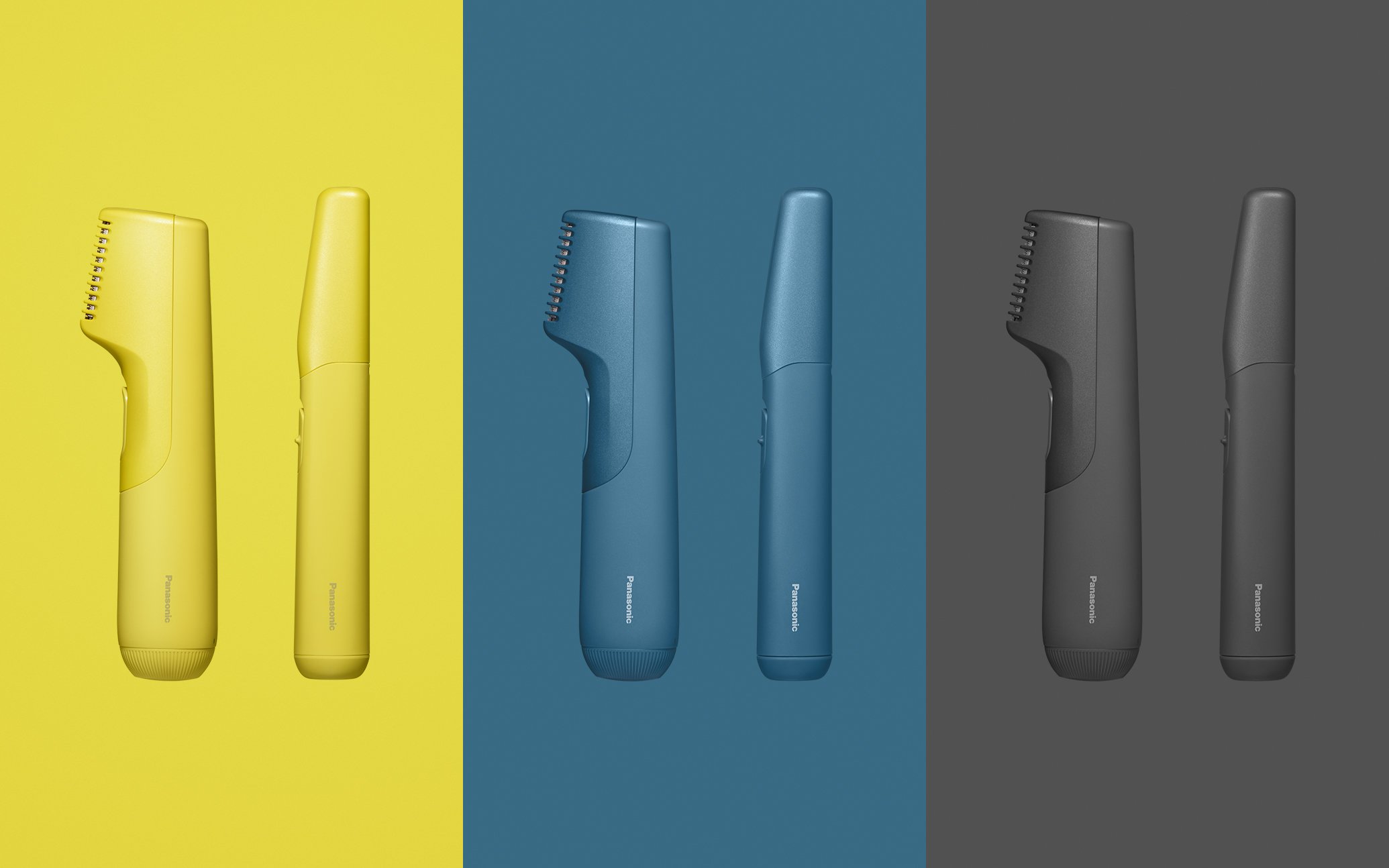 Image showing front and side views of shavers in yellow, blue, and gray backgrounds