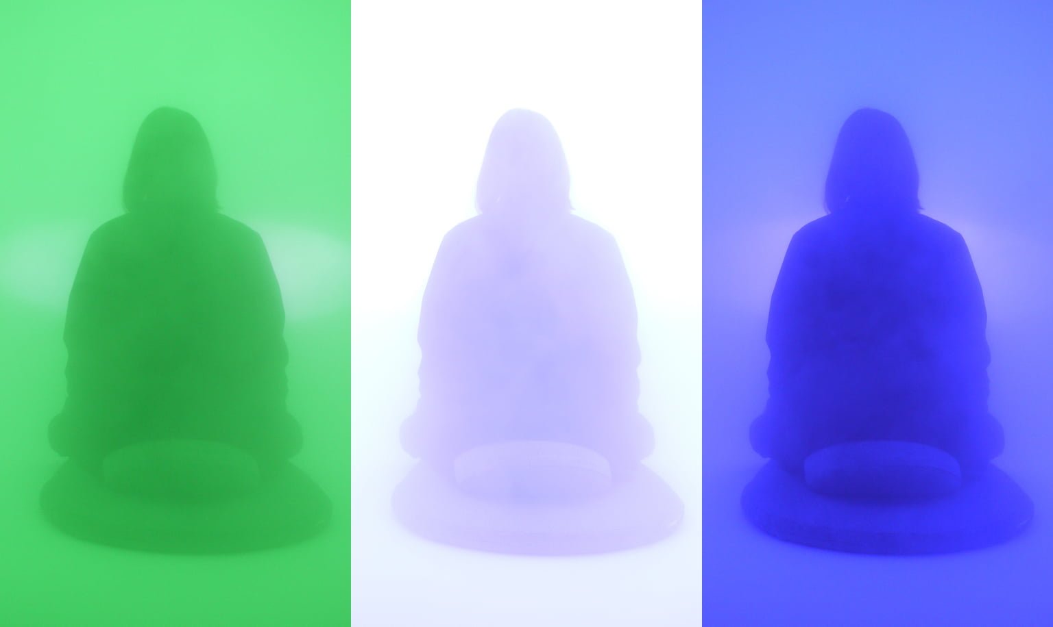 Silhouette of a person sitting with round cushion against green, white, and blue backgrounds, centered position