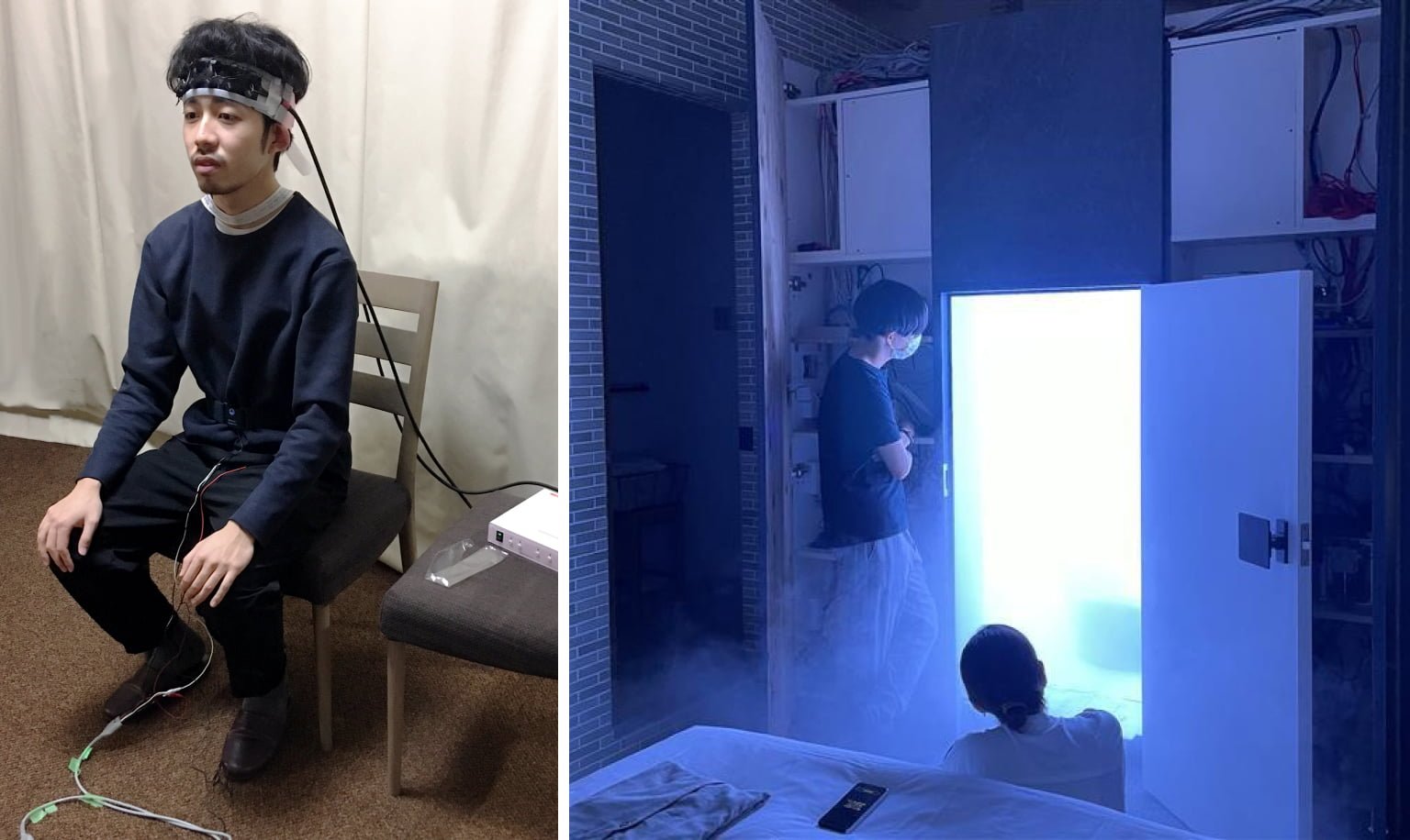 Two men inside a laboratory, one sitting on a chair, the other standing in front of a blue-lit door