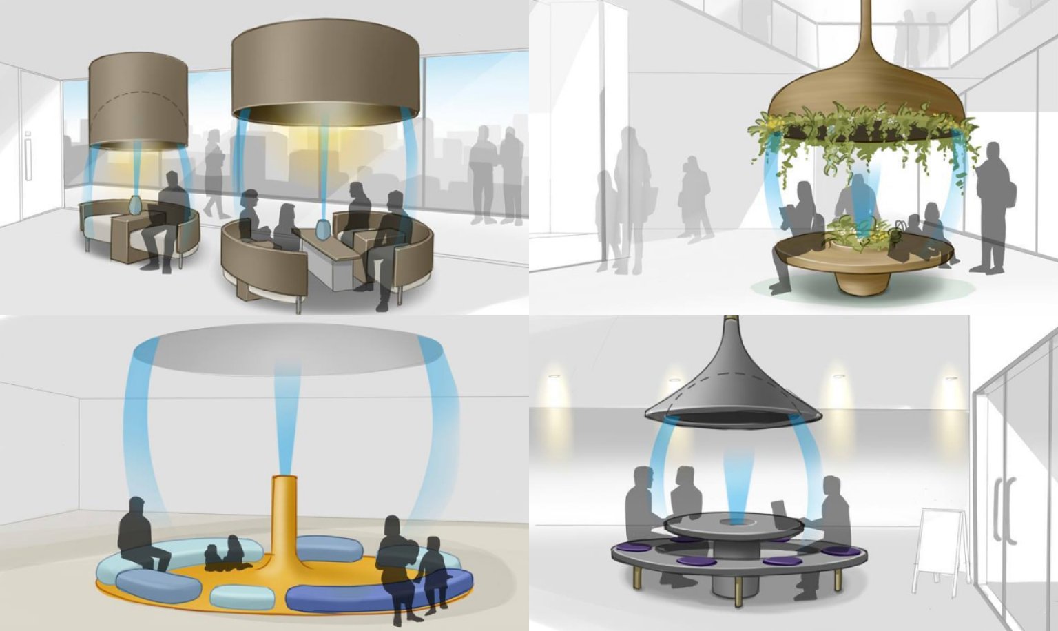 Circular ceiling-mounted air conditioning units and various seating areas inside the room