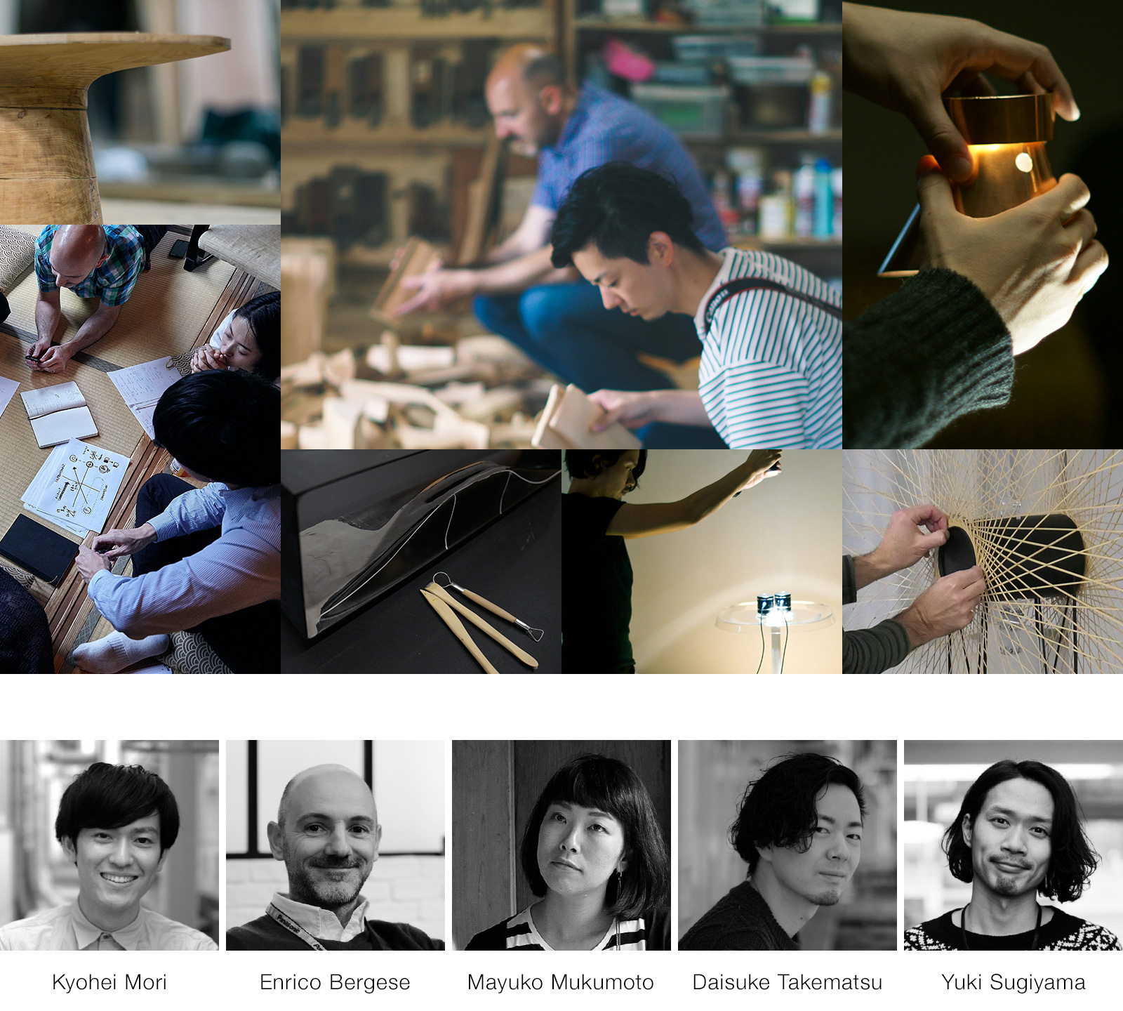 Photo : Scene of work or meeting in Kyoto KADEN Lab., Face photo(from left): Kyohei Mori, Enrico Bergese, Mayuko Mukumoto, Daisuke Takematsu, Yuki Sugiyama