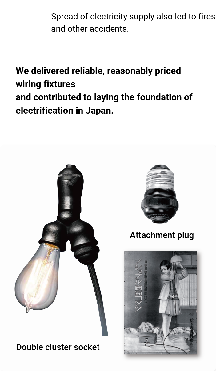Spread of electricity supply also led to fires and other accidents. We delivered reliable, reasonably priced wiring fixtures and contributed to laying the foundation of electrification in Japan. Attachment plug Double cluster socket