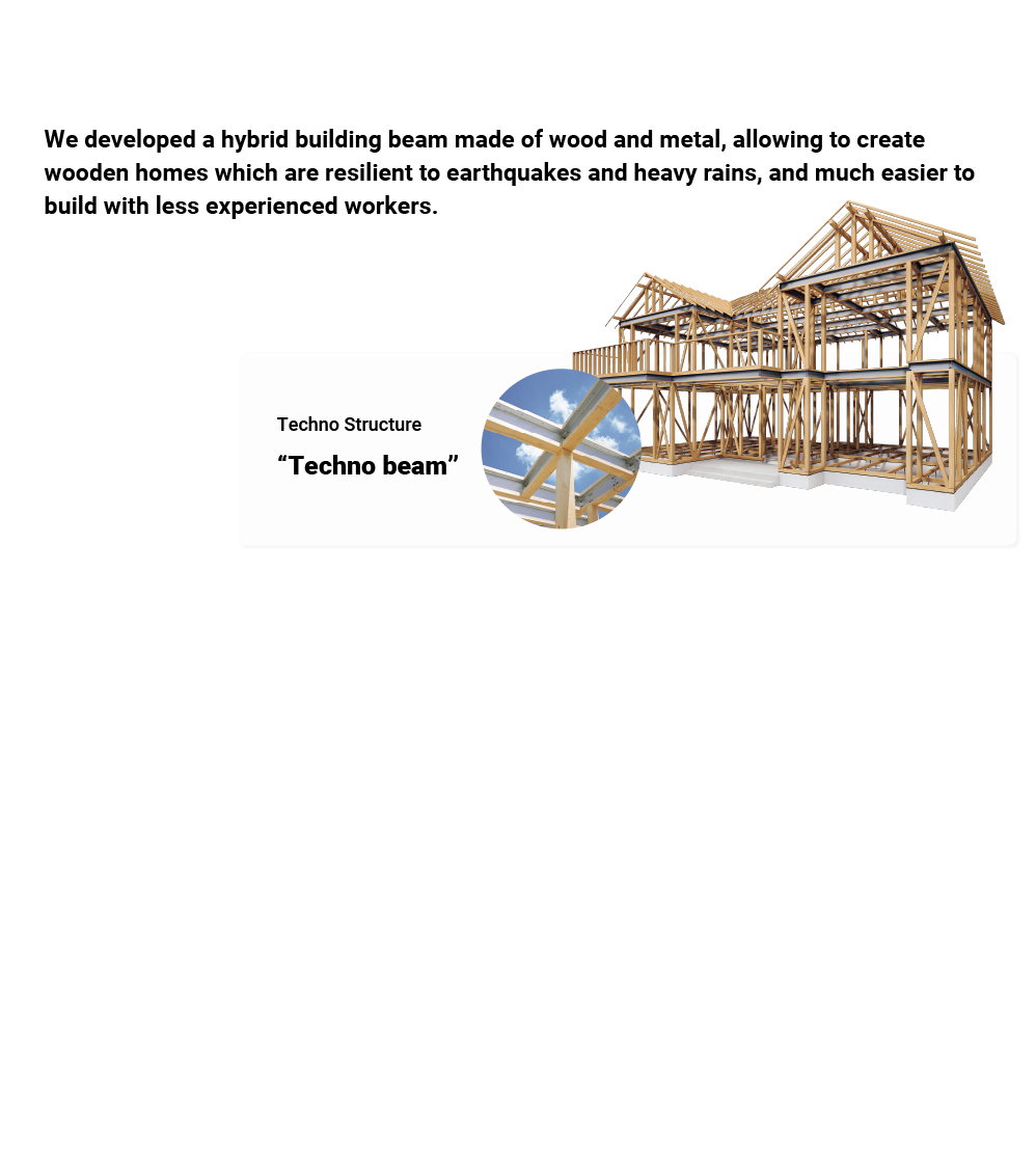We developed a hybrid building beam made of wood and metal, allowing to create wooden homes which are resilient to earthquakes and heavy rains, and much easier to build with less experienced workers. Techno Structure "Techno beam"