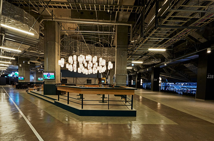 LED-based lighting illuminates the communal area of the food and beverage zone. 